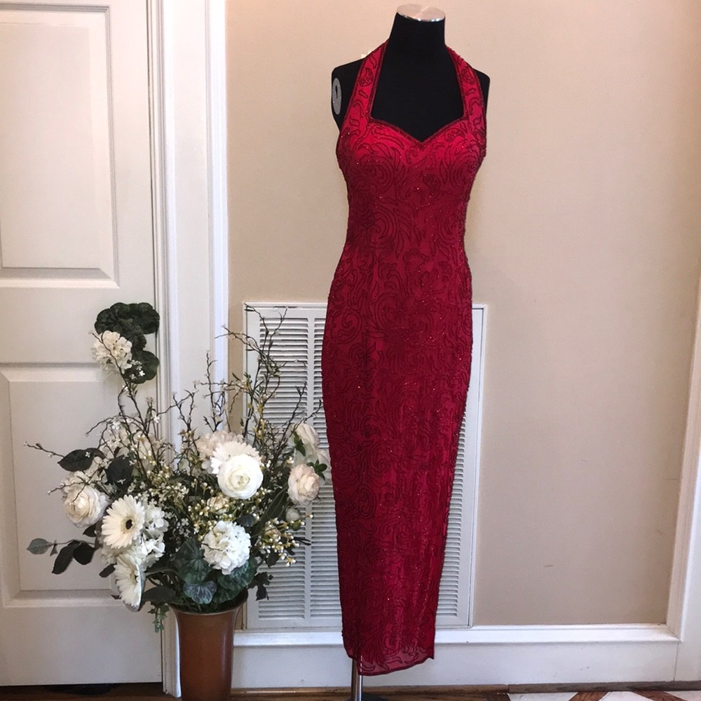 Candy apple red, mid calf, silk, beaded dress.